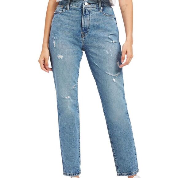 Good American Good Classic Distressed Straight Leg Jeans Indigo Light Wash 8